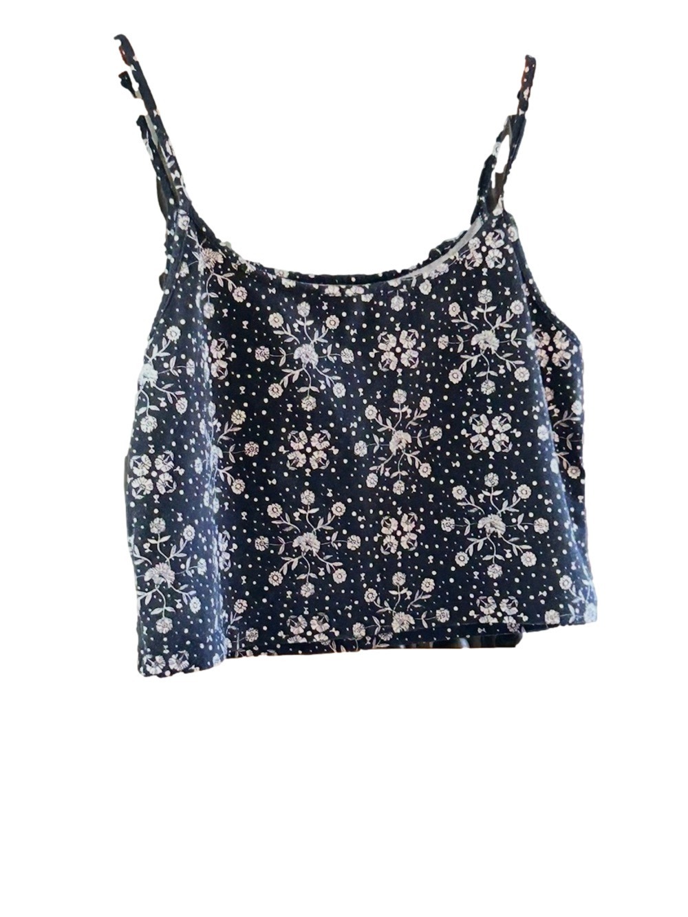 Women's Cotton Blend Floral Cropped Tank Top Navy White Floral Large